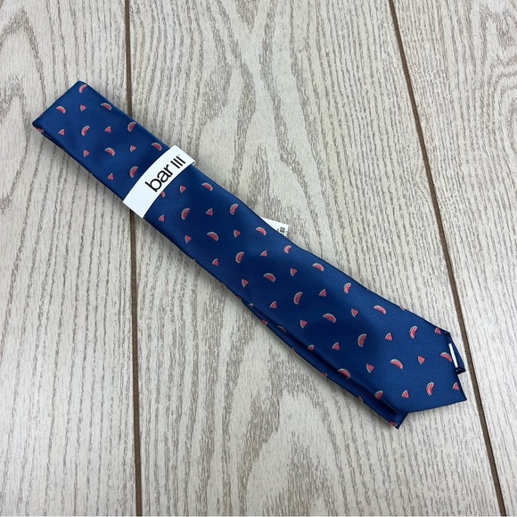 650 Bar III Men's Slim Tie 400 Blue Watermelon Print $55 Silk Poly Blend - Picture 2 of 6
